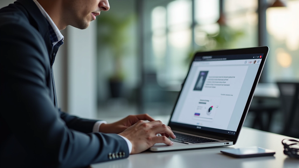Designer trabalhando em projeto de interface de usuário, tela de computador mostrando componentes UI, ambiente de escritório moderno